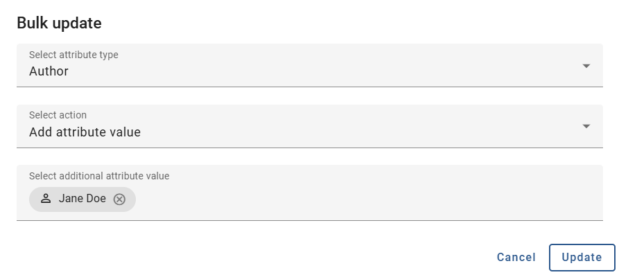 The screenshot shows the dialog for adding an attribute value for bulk updating.