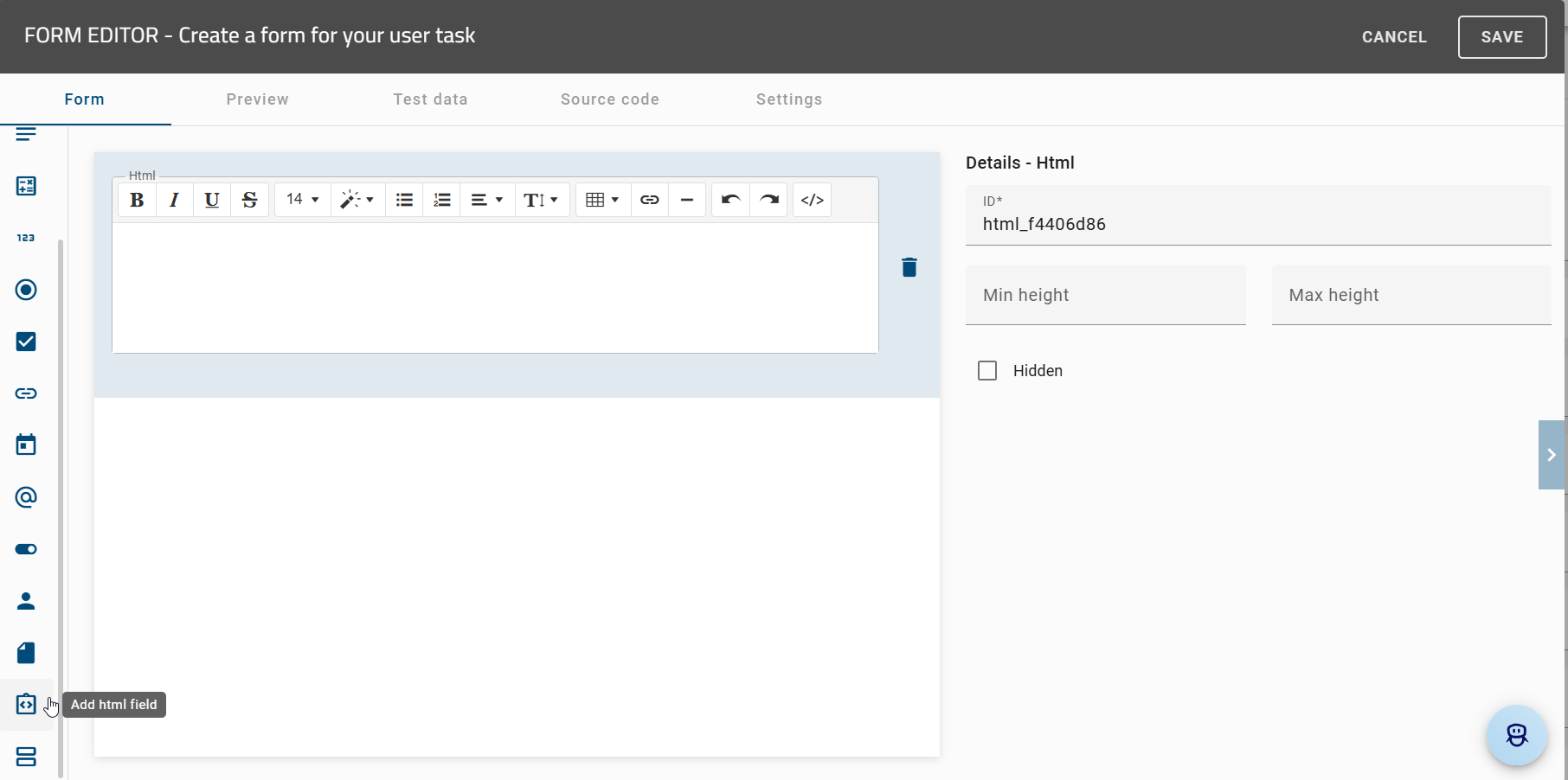 The screenshot shows the detailed overview of the HTML form field.