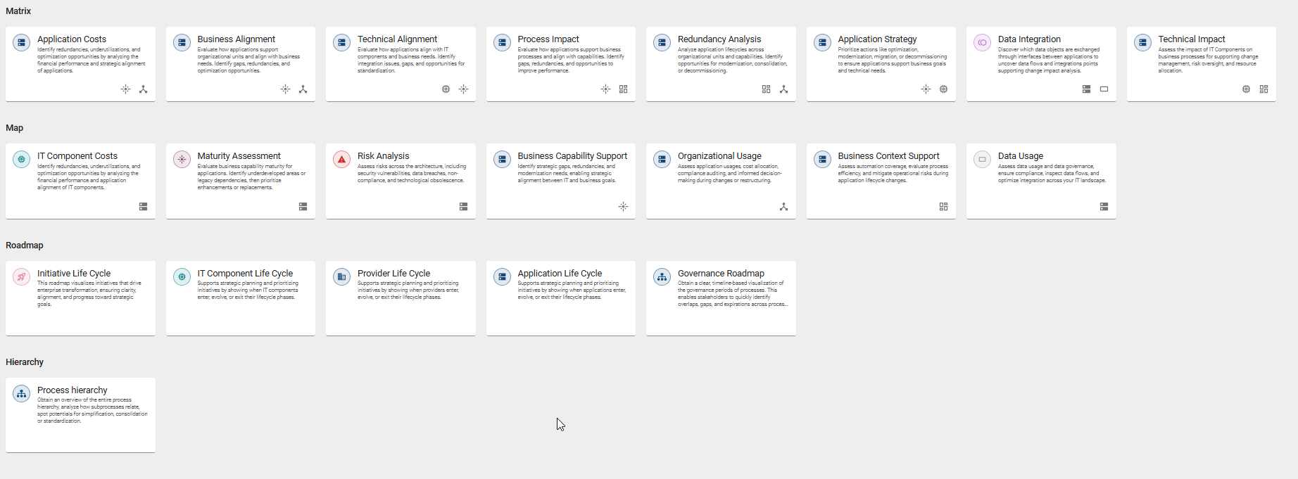 The screenshot shows the selection of tiles when you select the "Insights" menu item in the left menu bar.