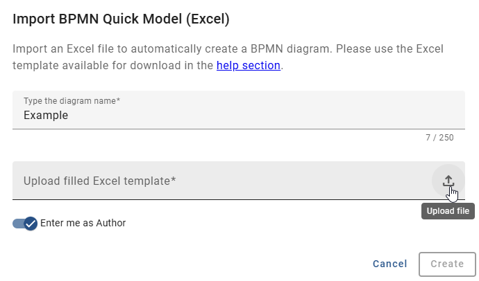 The screenshot shows the dialog for the option "Import BPMN Quick Model (Excel)".