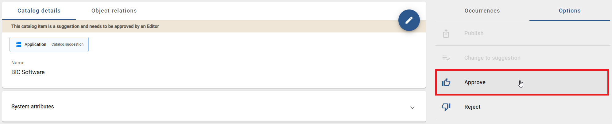 The screenshot shows the option "Accept" in the options of a catalog item.