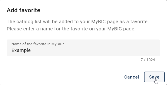 The screenshot shows the dialog for favoring a catalog list.
