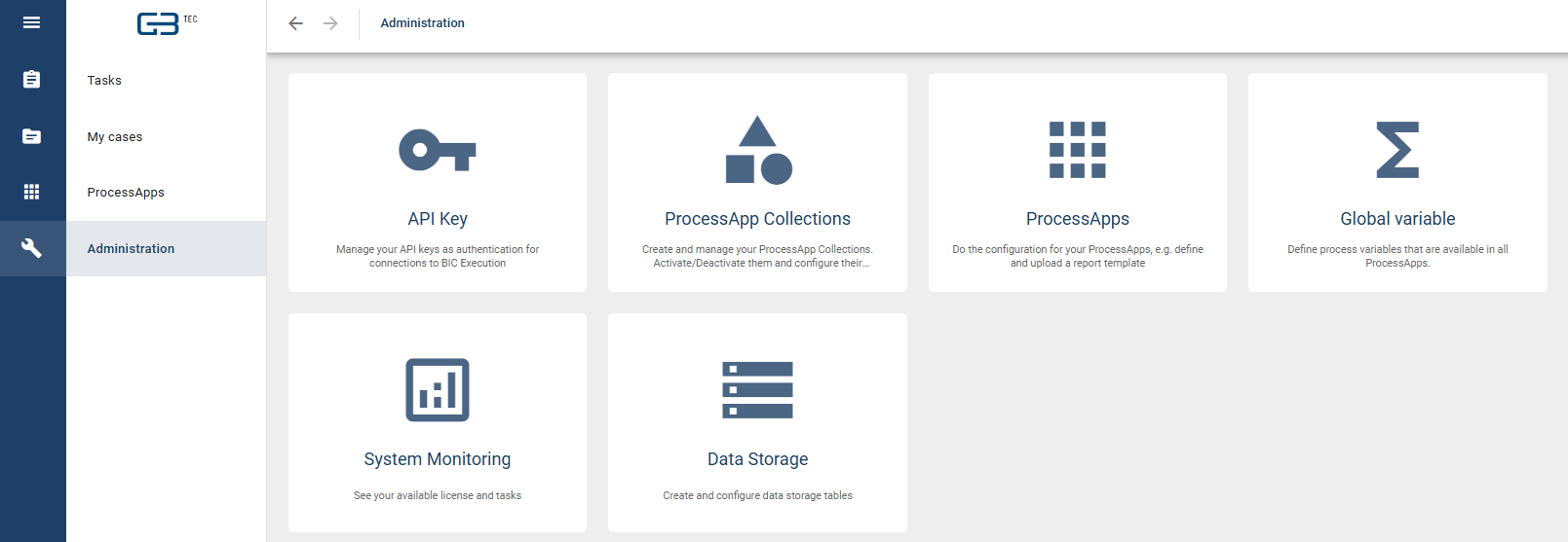 The screenshot shows all options of the *administration* menu.