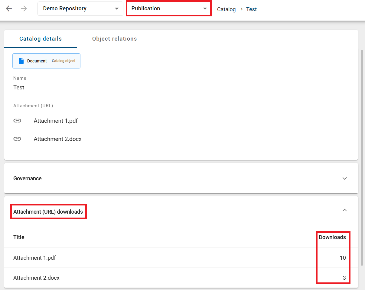 The screenshot shows where you can see how often an attachment has been downloaded.