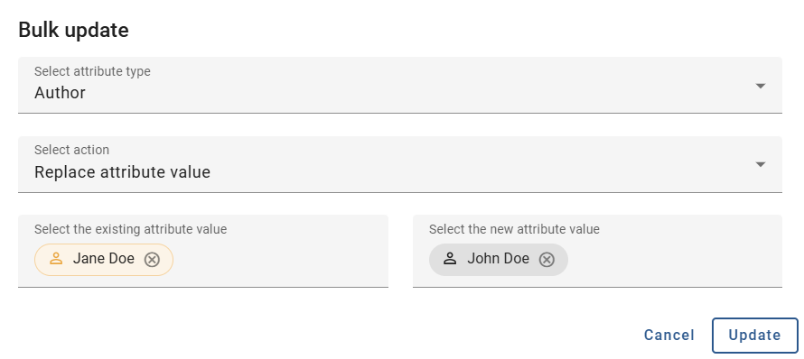 The screenshot shows the dialog for bulk updating.
