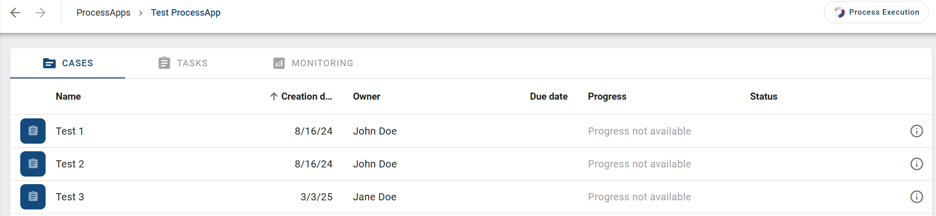 As an example this screenshot shows the case list of a process.