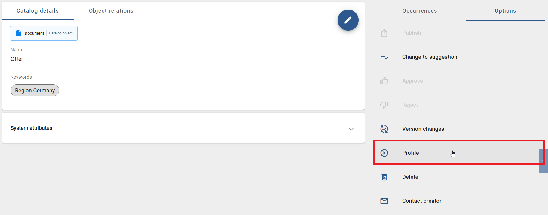 The screenshot shows the "Create the report" button next to the "Profile" entry within the register card "Options".