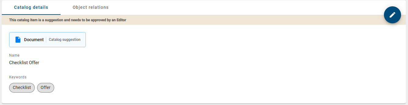 The screenshot shows the details of the imported document and catalog item, which contains the multi value keyword attribute.