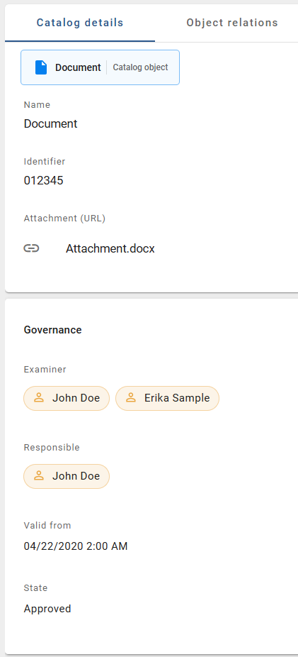 This screenshot shows the attributes of a document in the detail view of the catalog.
