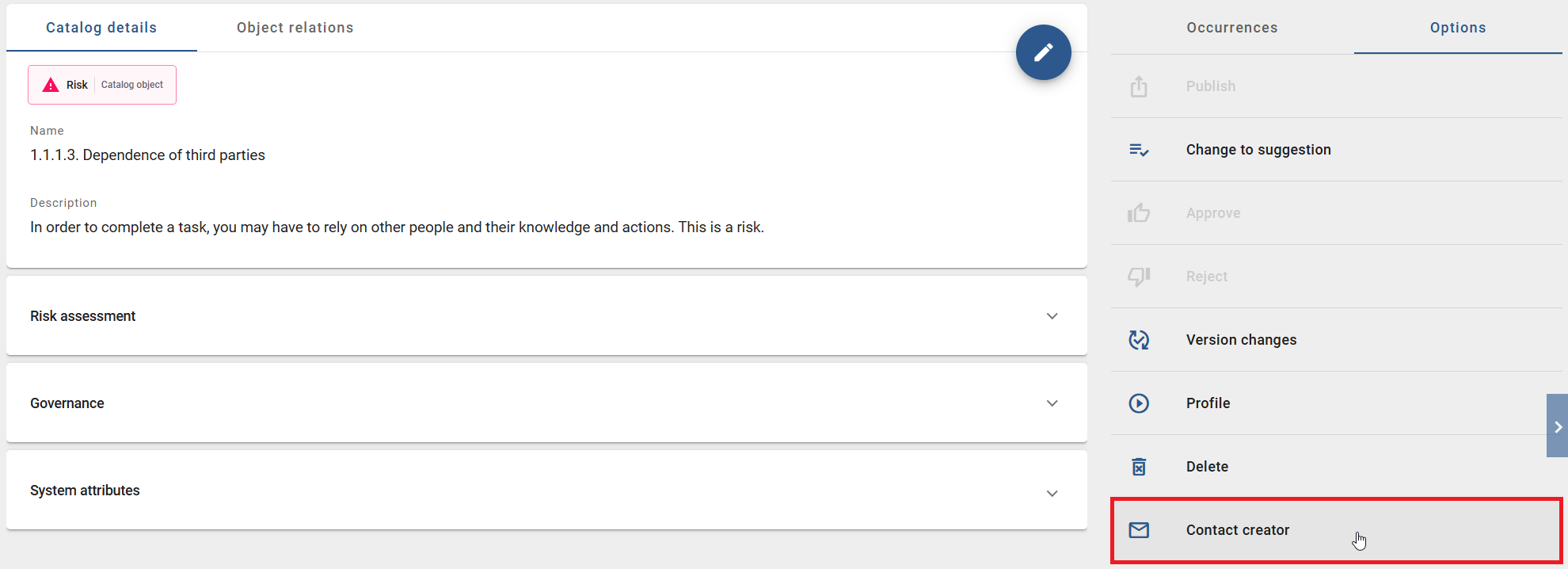 The screenshot shows the option "Contact creator" in the "Options" panel of a catalog item.