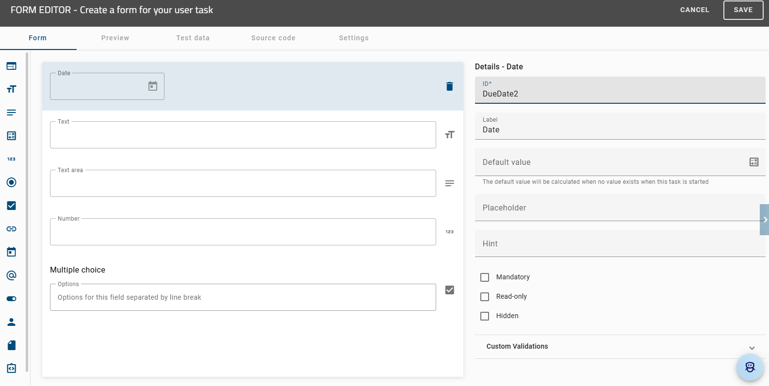The screenshot shows the form editor with a declared date field ID.