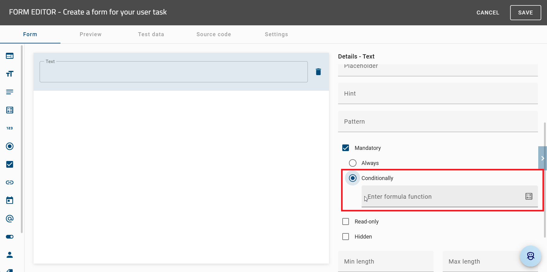 The screenshot shows an input field with a button for entering formulas.