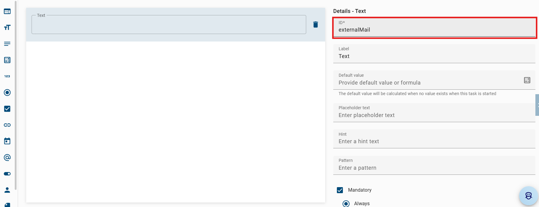 The screenshot shows a form editor with the ID “externalMail”.