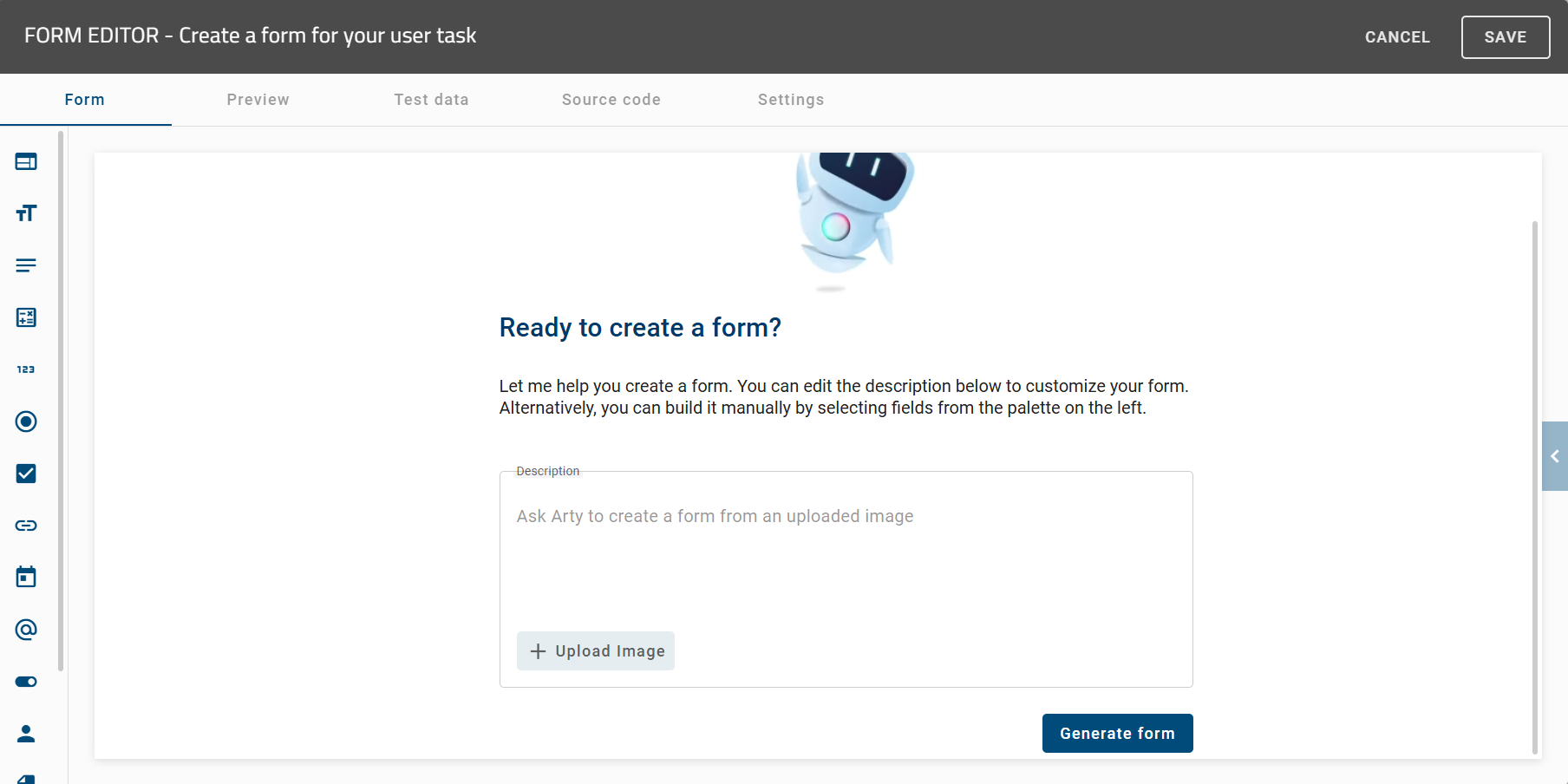 The screenshot shows the option "Generate form" in the form editor of an activity if Arty is enabled.