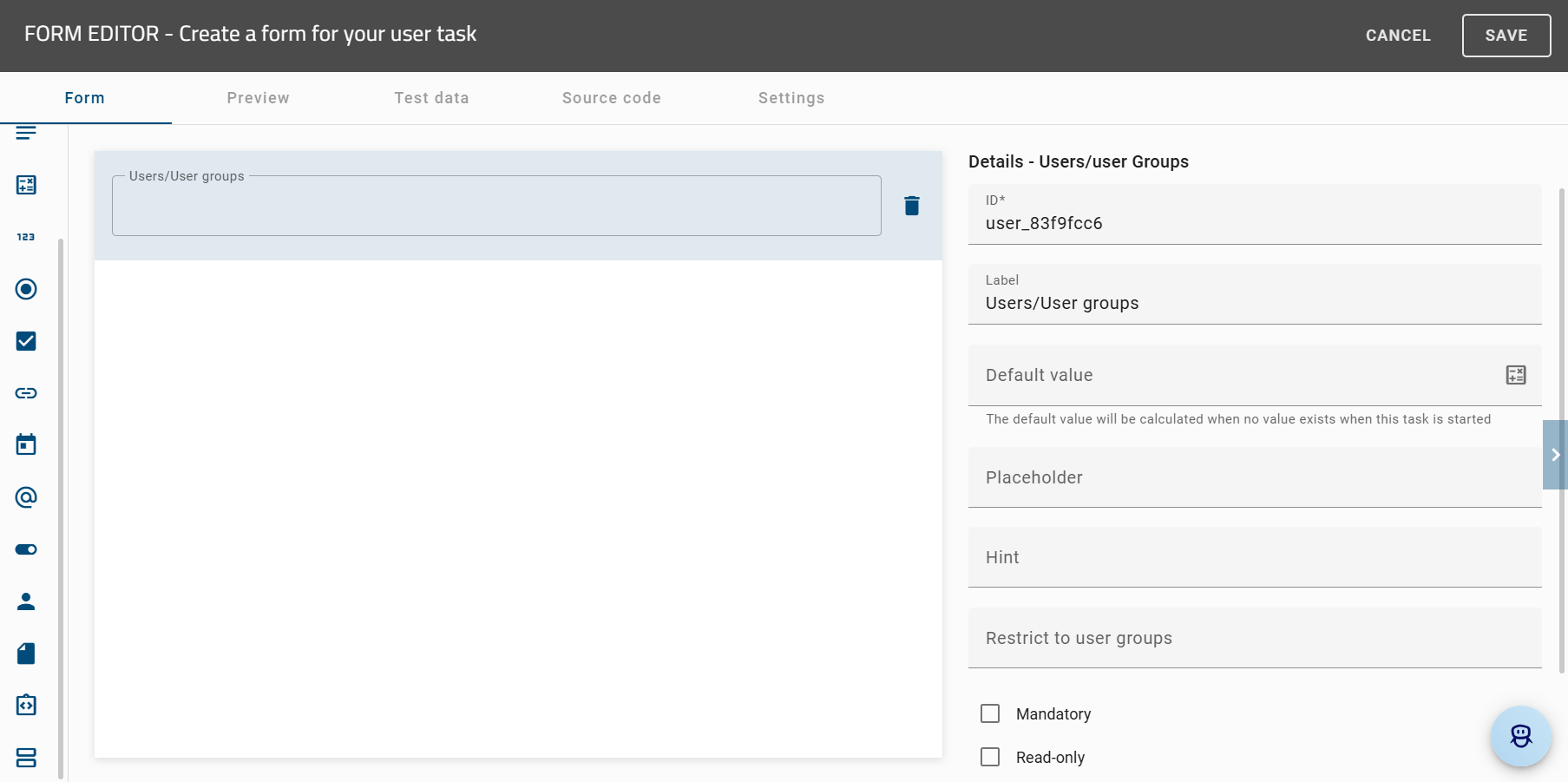 This screenshot shows the detail page of the users/user groups form.