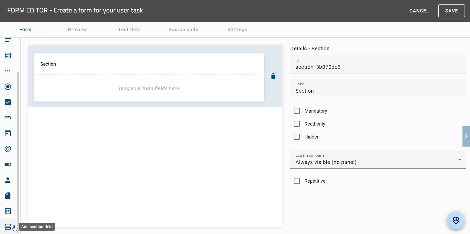 The screenshot shows the detailed overview of the "Section" form field.
