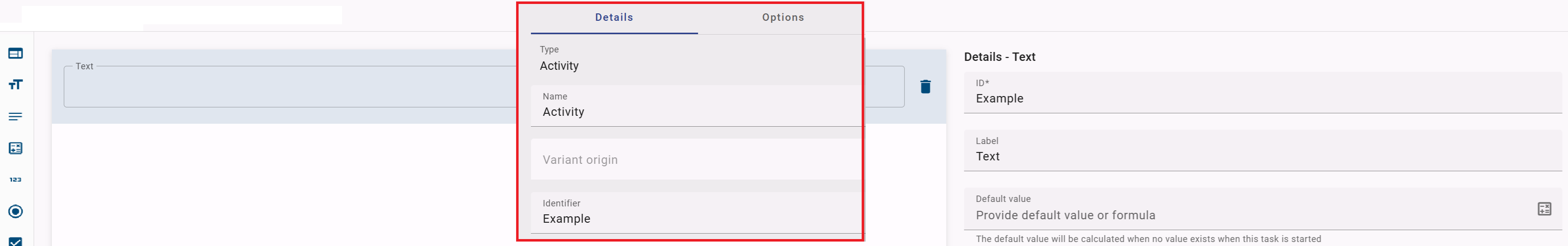 The screenshot shows the forms editor and the attribute bar of a role in BIC Process Design. The "identifier" field of the role is maintained with the same value as the id of the forms text field.