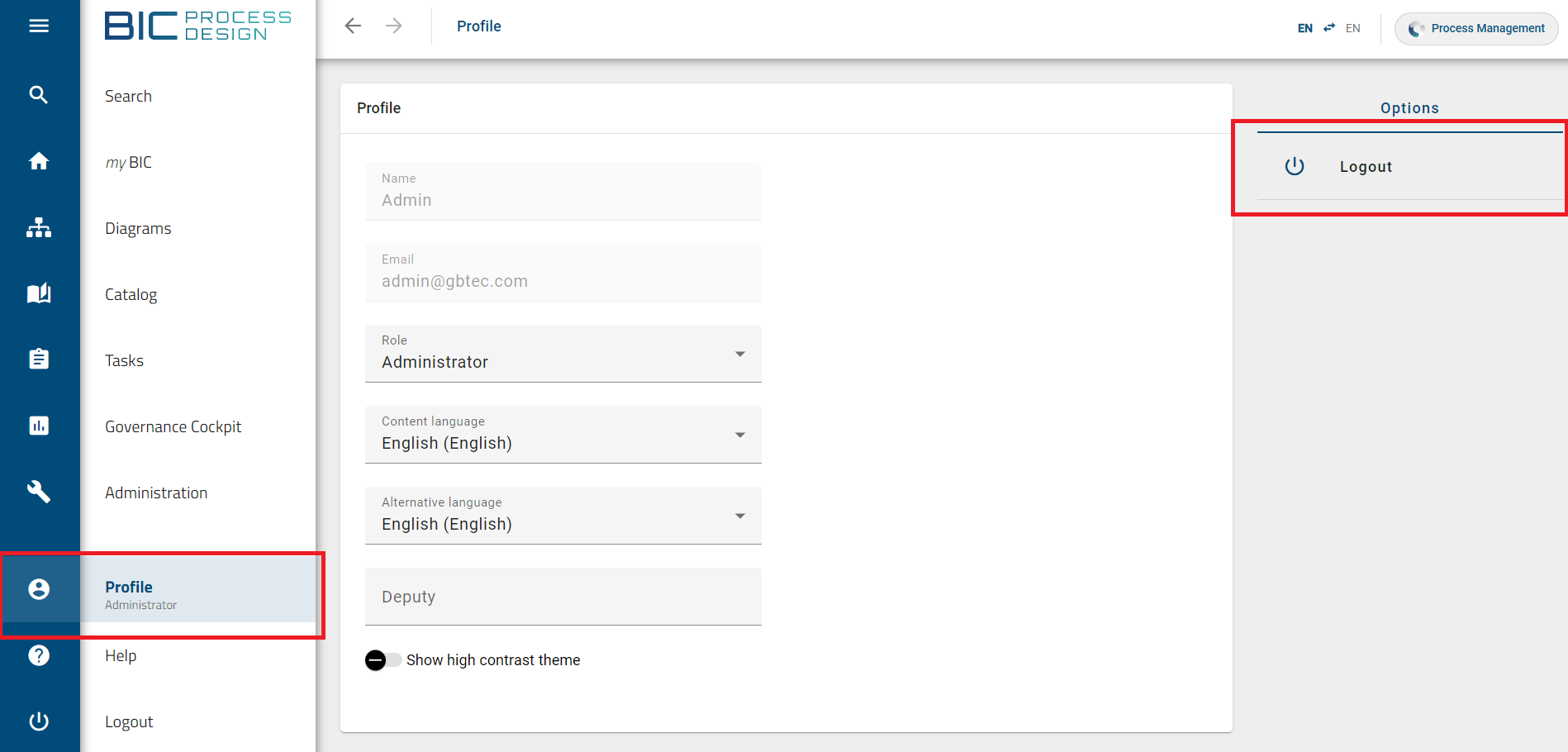 The screenshot shows the option logout.