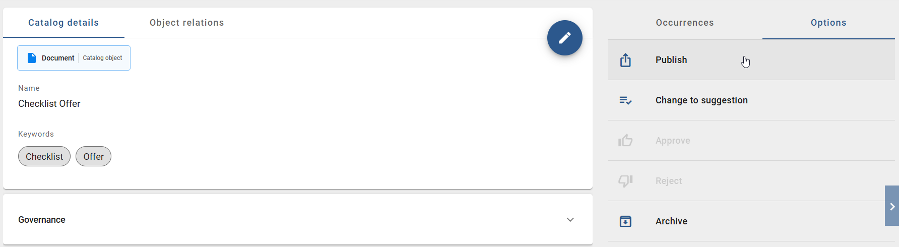 Here, the "Publish" button of a catalog item is displayed in the options panel.