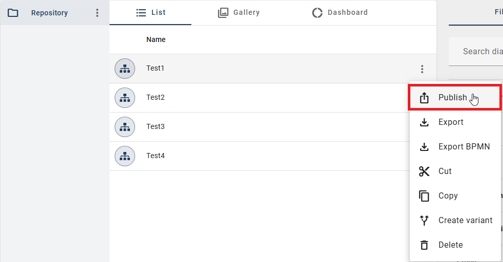 The option "Publish diagram" in the context menu in the diagrams list is displayed here.