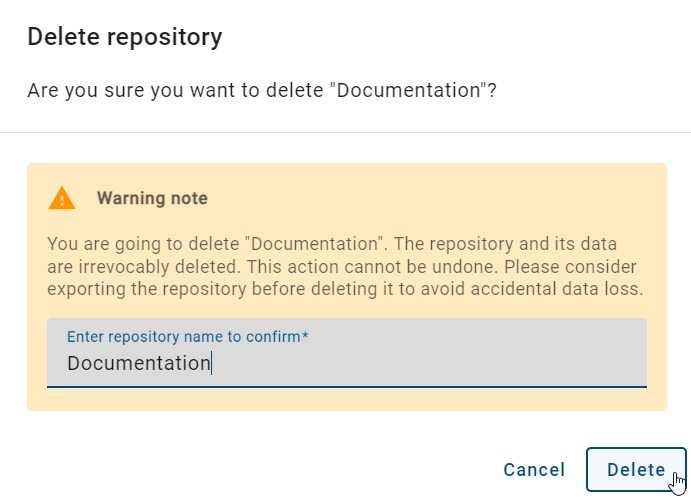 The screenshot shows the dialog for deleting a repository.